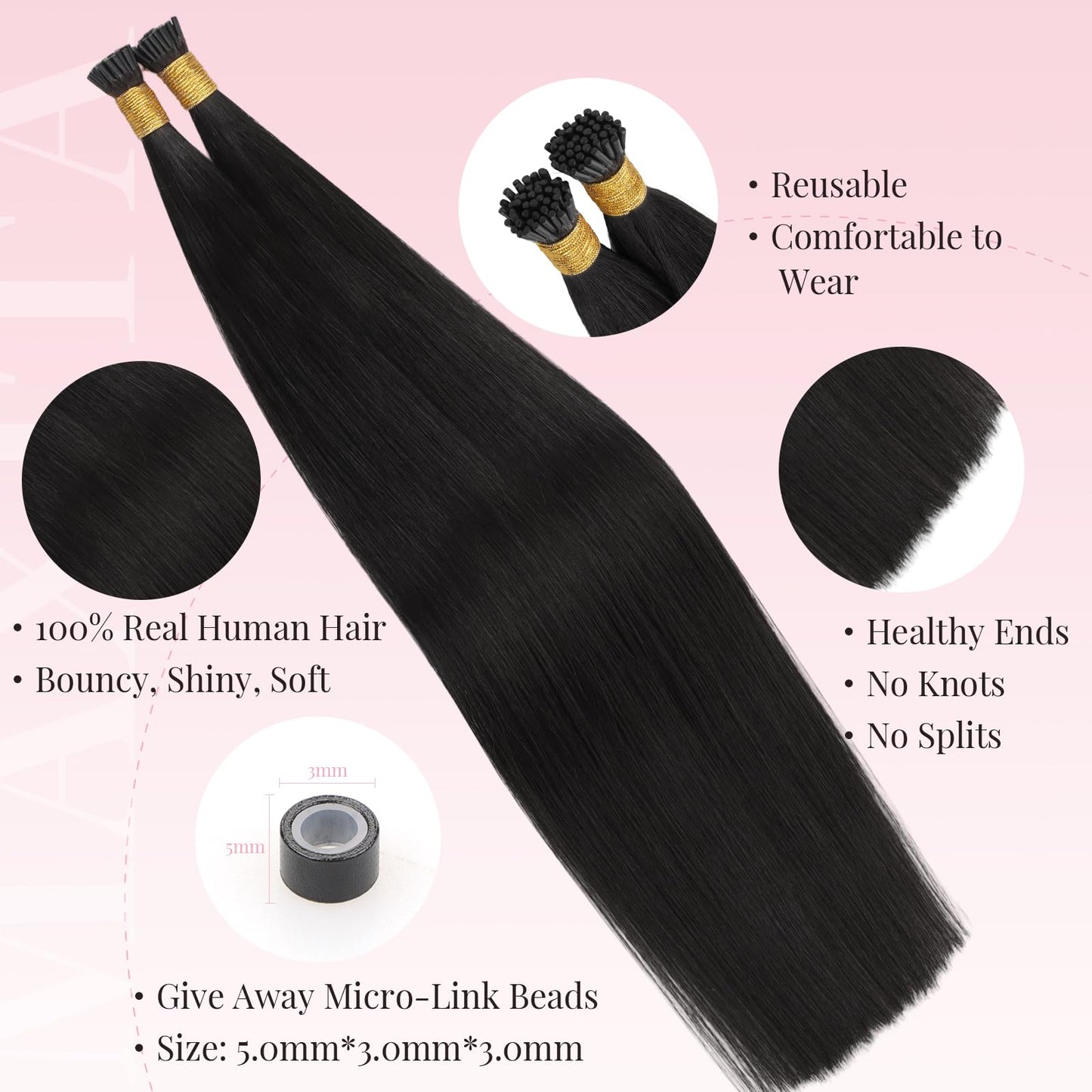 MAXITA U Tip Hair Extensions Human Hair, Natural Black Hair Extensions Real Human Hair, 50g/50 Strands/Pack, 22 In Virgin Human
