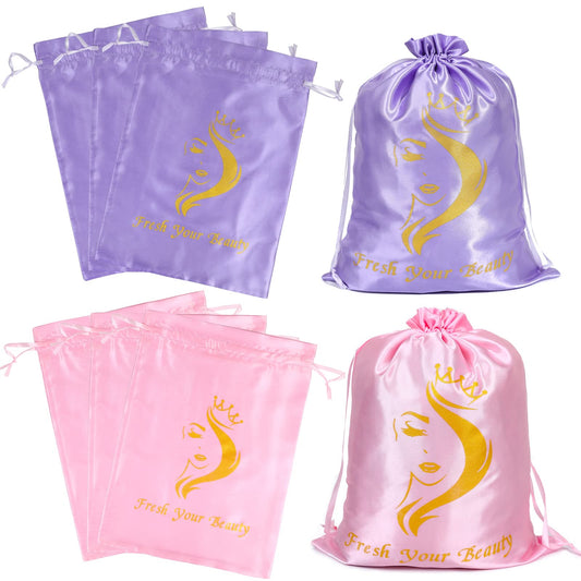 6pc Satin Wig Bags - Drawstring Silk Storage for Wigs, Extensions & Gifts (Mix Purple & Pink)