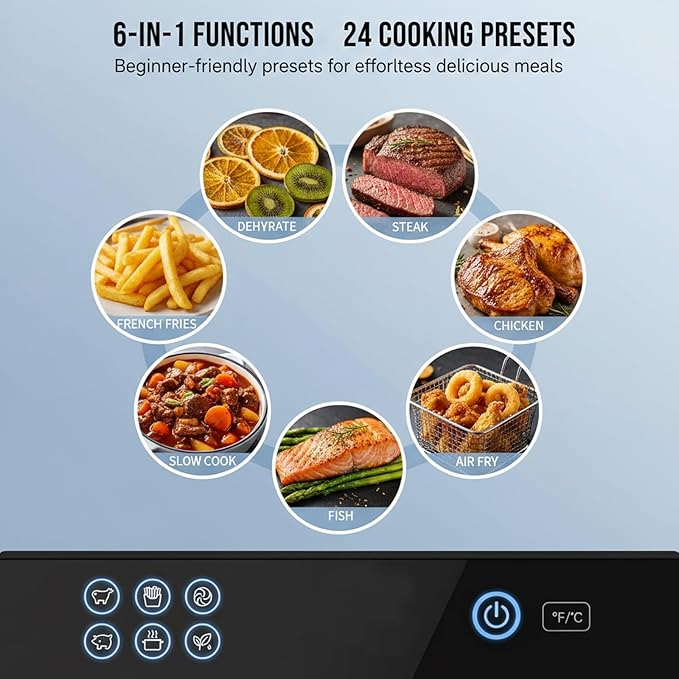 7.4QT Air Fryer with Glass Bowl, Visible Window Lid, Digital Control, 360° Rapid Air Circulation, for Healthy Oil-Free Cooking & Baking, Dishwasher Safe, Nonstick, Easy Clean (Black)