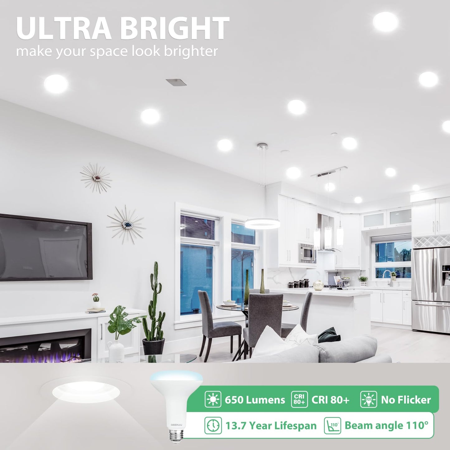 DEGNJU 12 Pack BR30 LED Recessed Light Bulb, Dimmable Indoor Flood Light Bulbs CRI80 7W Equivalent 65W 5000K Daylight 650 Lumens, 15000 Lifetime Hours E26 Base LED Can Light Bulb, Flicker-Free