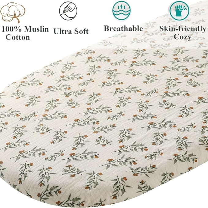 Muslin Bassinet Sheet Compatible with Moses Basket, Silver Cross Stroller Bassinet, 2 Pack Cotton Stylish Boho Fitted Bassinet Sheets Super Soft for Baby Roman Green & Botanical Leaf