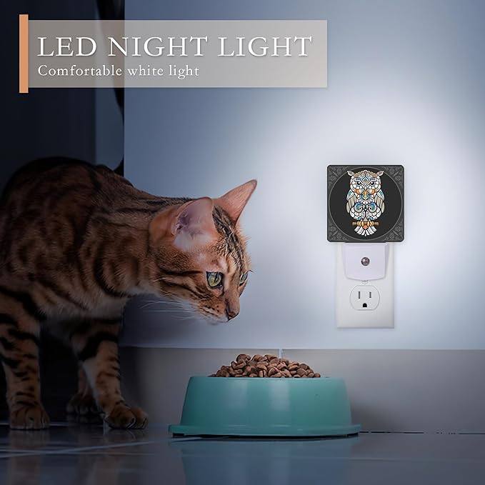 Colorful Owl Bird Night Light Plug into Wall, Mandala Night Light with Dusk to Dawn Sensor for Kids, Room Decor, Hallway, Kitchen, Bathroom, Nursery, Stairs