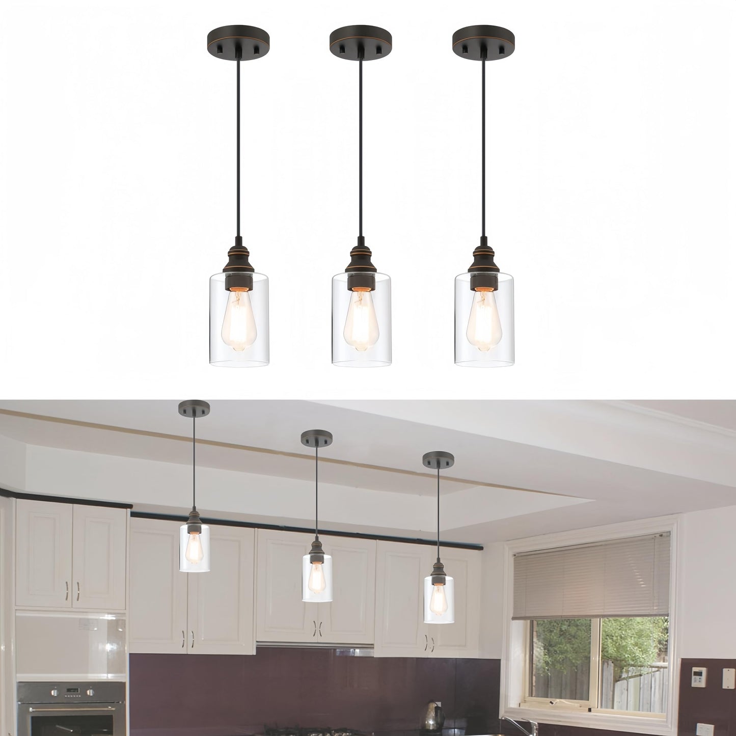 WISBEAM Pendant Lighting Fixture, Metal, Bronze, E26 Base, Max 60W, ETL Rated, 3-Pack, Model WS-PDL004