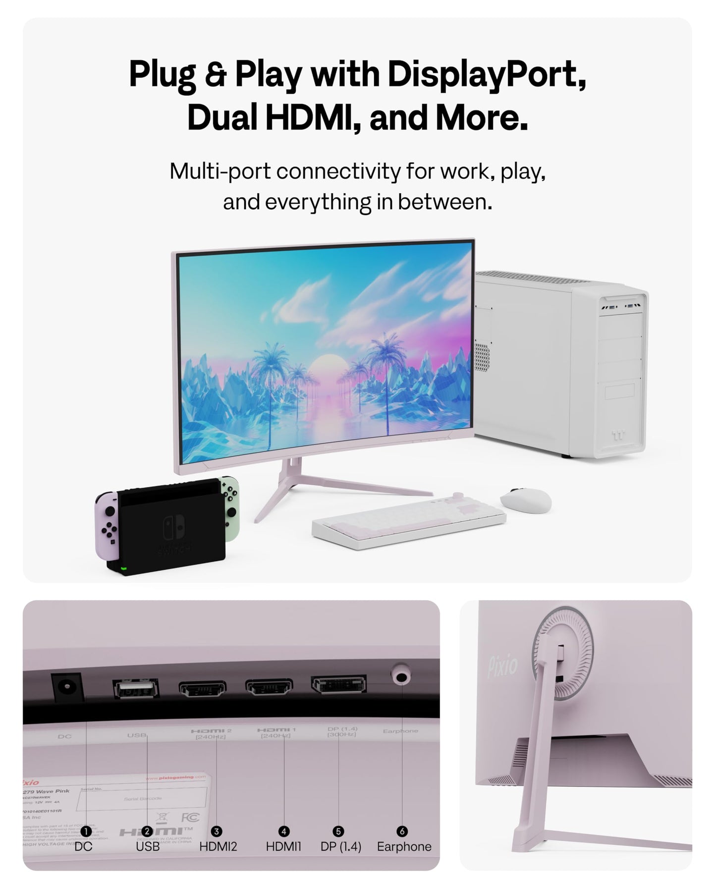 Pixio PXC279 Wave Pink 27 inch 300Hz Refresh Rate FHD 1080p Resolution 1650R Curved Fast VA Panel 1ms GTG Response Time Adaptive Sync HDR Curved Gaming Monitor