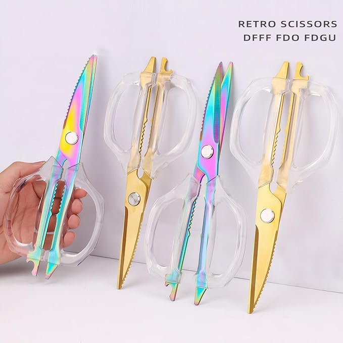 Jasni Transparent Handle Stainless Steel Sharp Powerful Kitchen Scissors Multi-Purpose Heavy Duty Food Scissors Kitchen Shears Chicken Poultry bone fish scales (White handle Gold blade)