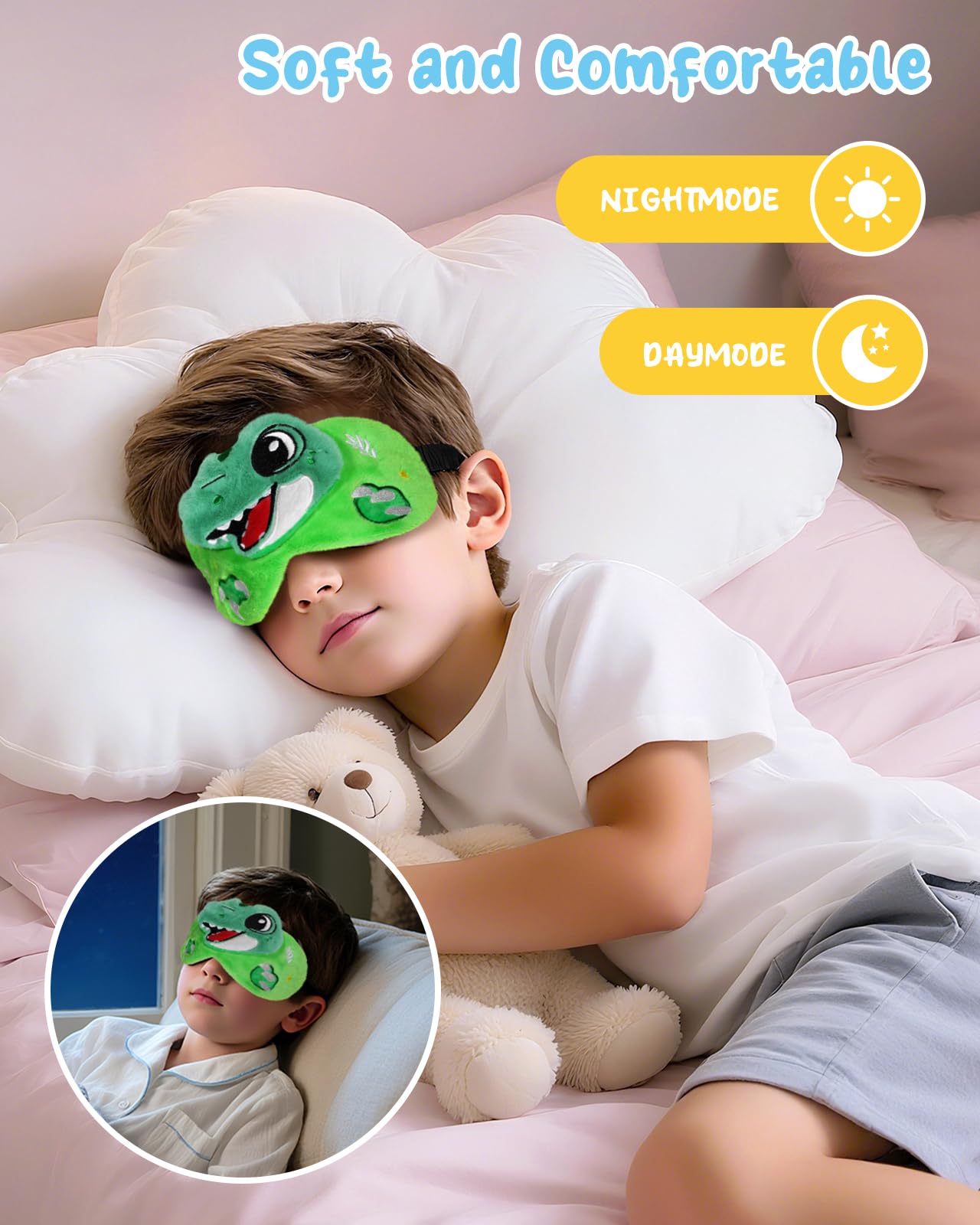 Miss Adola Sleep Mask for Kids - Valentines Gift for Kids Cute Plush Fuffy Sleeping Eye Cover Kawaii Soft Eyeshade Animal Eye Blindfold for Girls Boys Teens with Adjustable Strap, Dinosaur