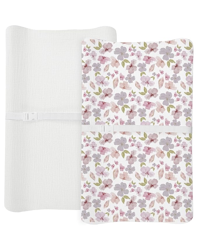Changing Pad Cover for Baby Boy Girl 2 Pack, Muslin Changing Table Pad Covers with Boho Style, Neutral Nursery Bedding Essentials Soft and Breathable (Purple Petals & White)