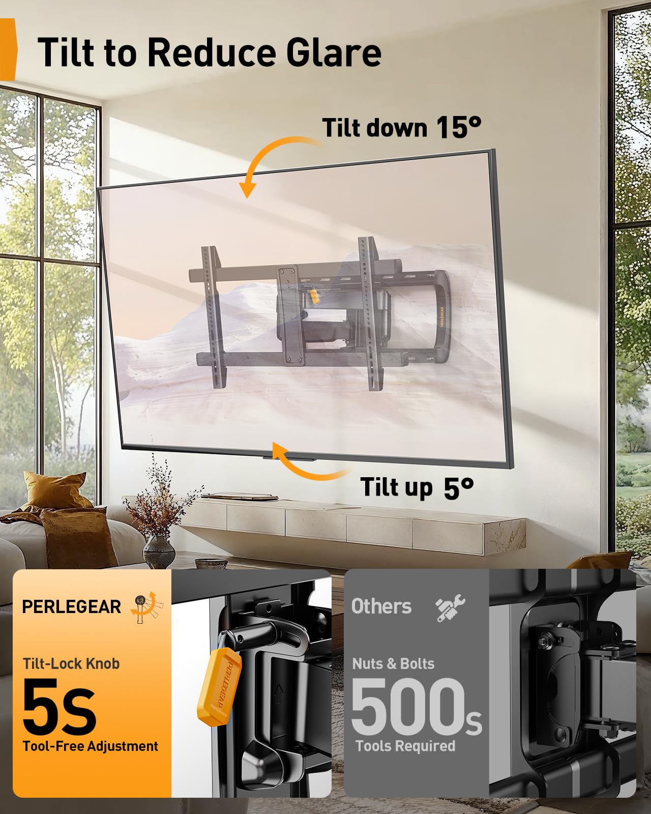 Perlegear Sliding TV Wall Mount for 42-95″ TVs up to 150 lbs with Cable Management, Tool-Free Tilt, Swivel & Extension, Fits 12″/16″/24″ Wood Studs, Max VESA 600x400mm, PGTVM41B