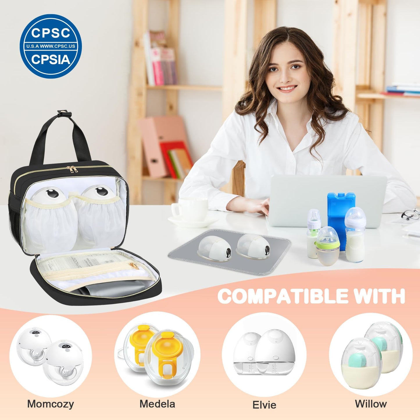 PIIOSER Insulated Baby Bottle Bag with Ice Pack, Breastmilk Cooler Compatible with Wearable Breast Pumps & Accessories - Breastfeeding On The Go Travel for Nursing & Working Moms, Black