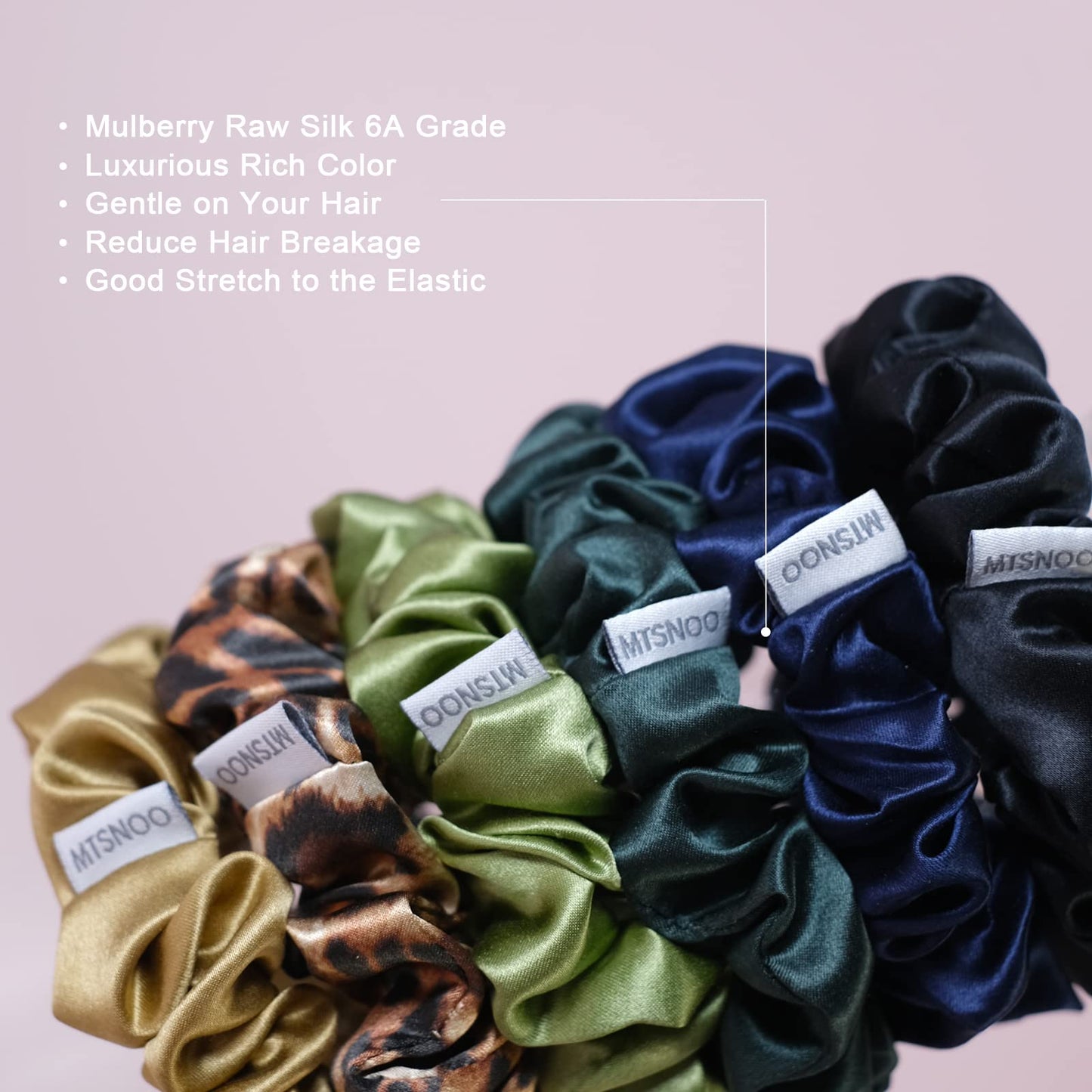 MTSNOO Silk Scrunchies, 100% Pure 22 Momme Mulberry, 6 Count, for Hair Sleep, with Elastic Band, Mini Silk Curly Hair Scrunchies