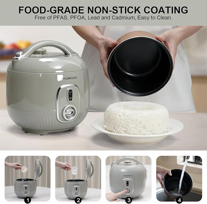 Mini Rice Cooker, 1.6L Protable Non-Stick Small Travel Cooker, PFAS-free, 5-Cup (Uncooked)/8-Cup (Cooked) Small Rice Cooker, with Steamer,Rice Ball Maker, Measuring Cups, Sponge , and Keep Warm up to 12 hours