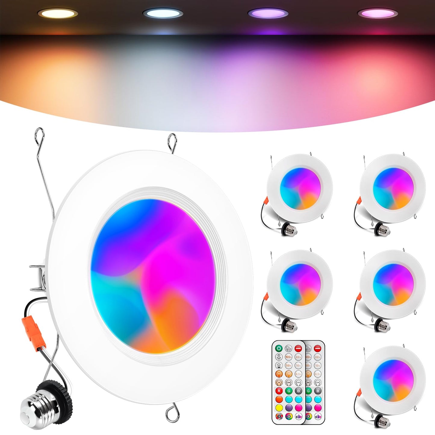 VARICART 6 Inch Recessed Lighting, RGBCW E26 Can Lights, 13W 1300LM, Dimmable, Metal, 6 Pack