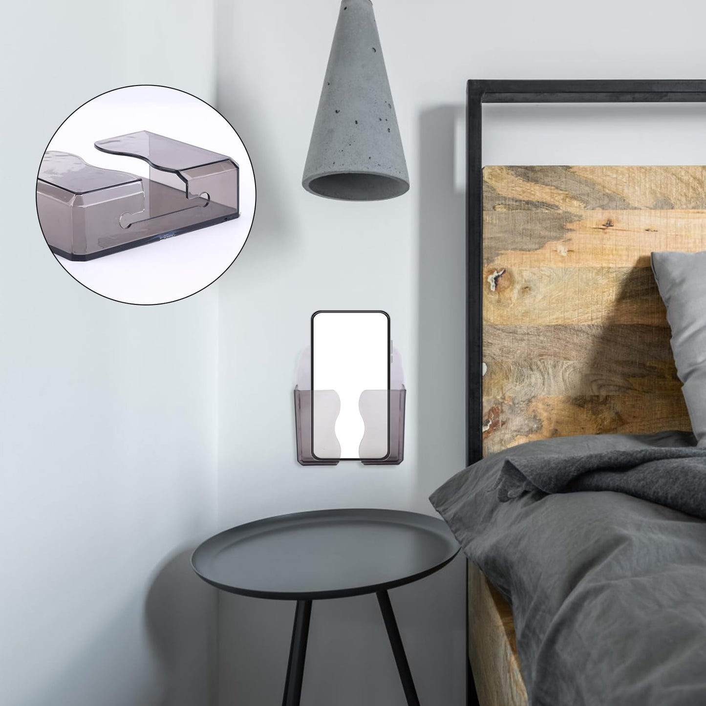 2Pcs Wall Mount Phone Holders, Clear Plastic Self Adhesive With Charging Hole Shelf Stand, Bedside Smartphone Stand Cradle, Cell