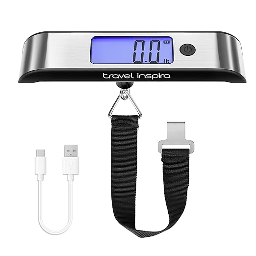 travel inspira Rechargeable Luggage Scale 110lb/50kg - Large Backlit Display - Stainless Steel - Portable Digital Hanging ...