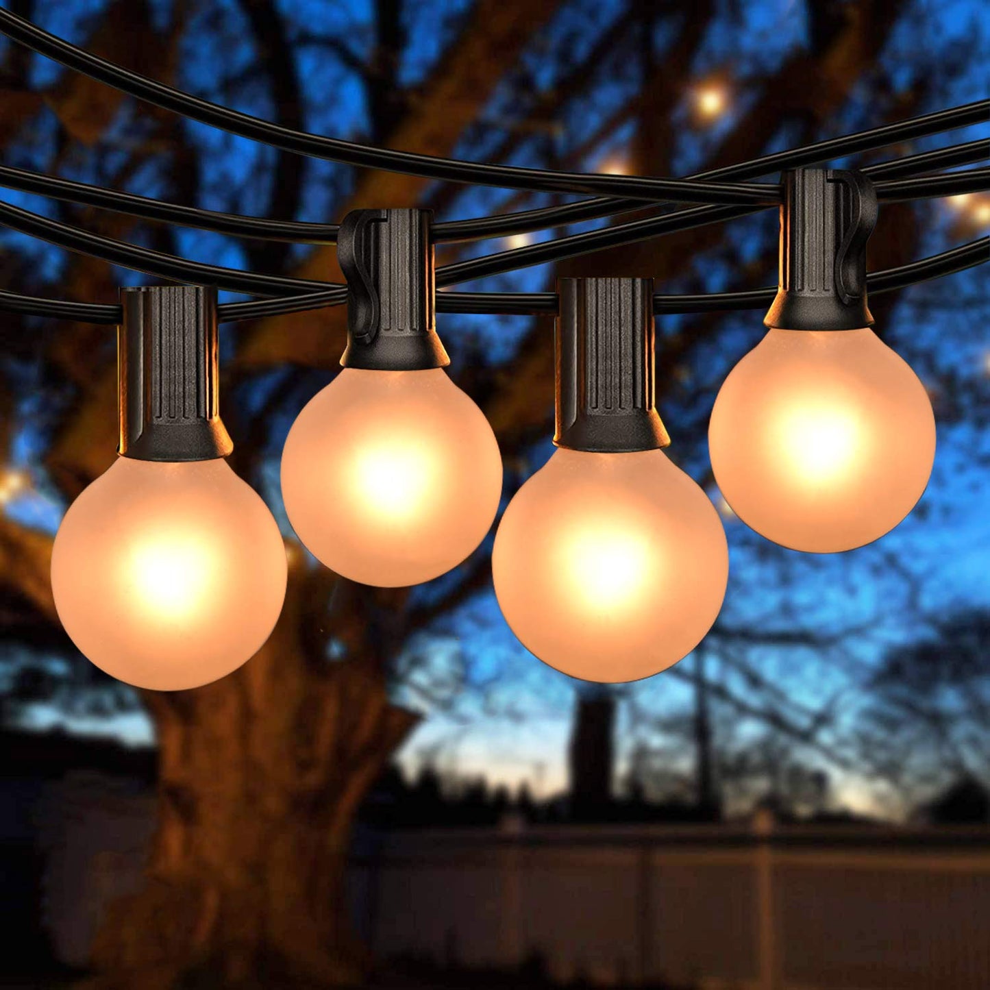 SUNSGNE Outdoor Patio String Lights G40, 25Ft, 27 Frosted White Globe Bulbs, Waterproof, Black Wire