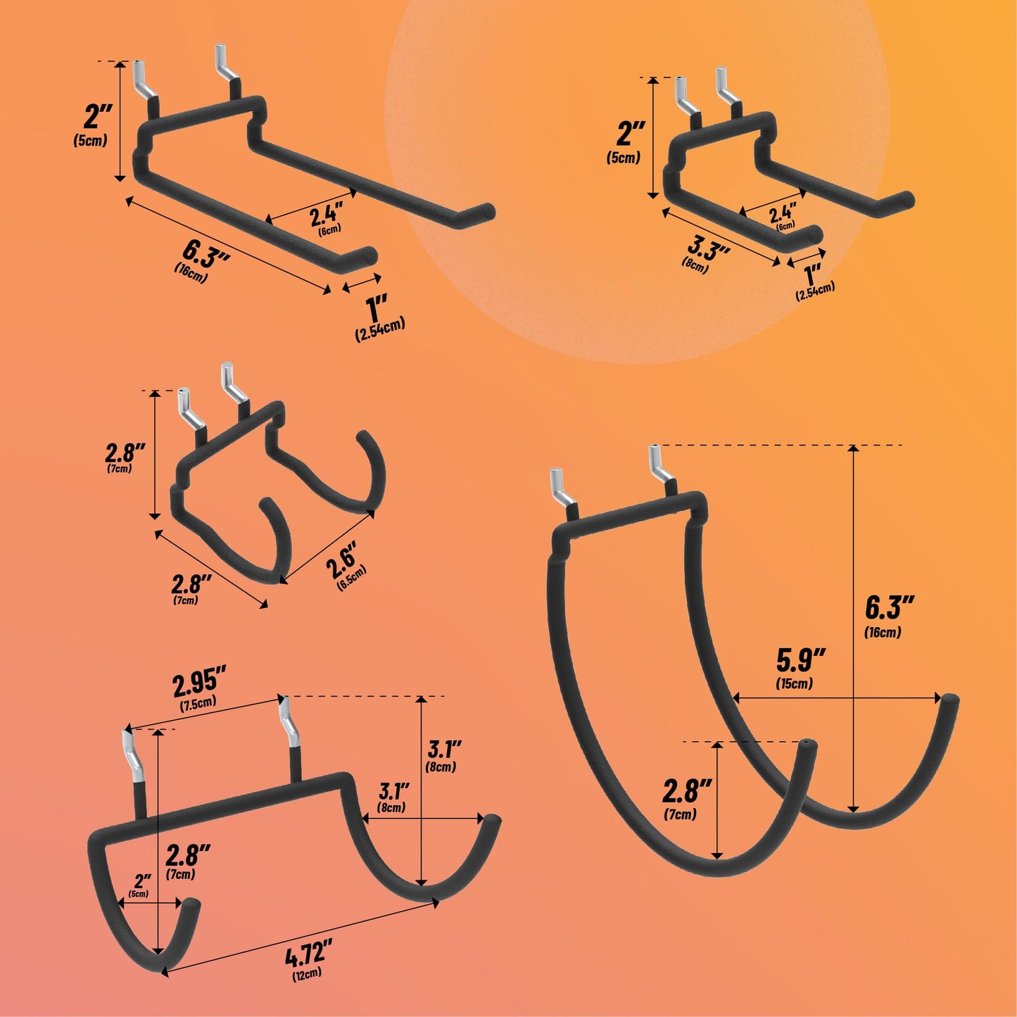 HUHOLE 10-Pack Heavy Duty Pegboard Hooks for Power Tools & Garage Organization, Vinyl-Coated Steel Drill Holders & Utility Hangers, Fits Standard 1/4" Pegboards (Black)