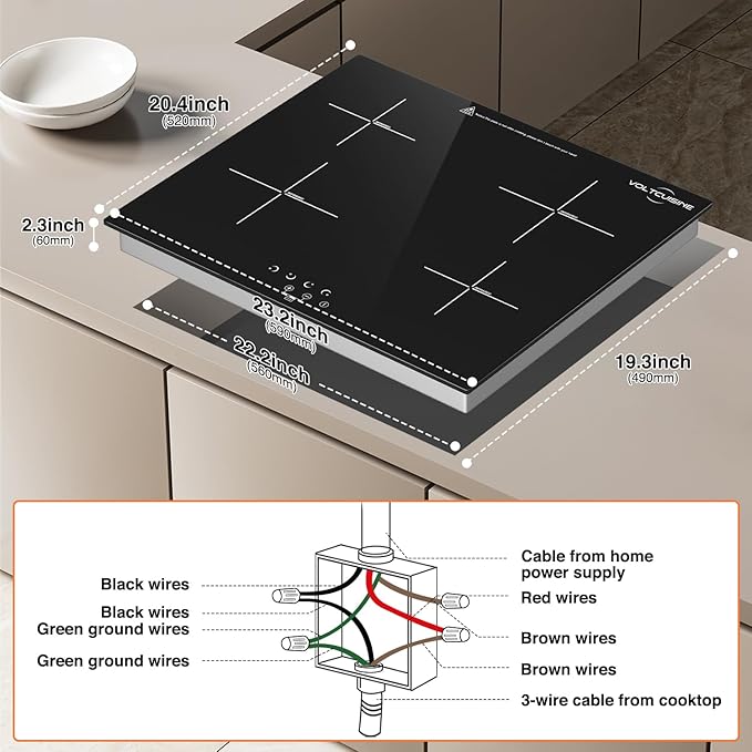 24" Electric Ceramic Radiant Cooktop, 6000W Built-in 4 Burner Stove Top with 9 Heat Levels, Timer & Child Safety Lock, Hard-Wearing Glass Surface (220–240V)