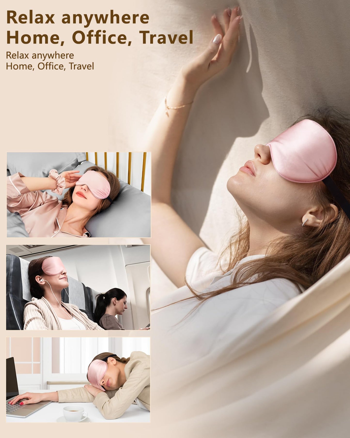 BLSSNZ Silk Sleep Mask for Women - Soft Breathable Organic Natural Mulberry Silk Fabric Blackout Eye Mask for Sleeping with Adjustable Straps No Pressure Eye Mask for Travel Essentials Gifts (Pink)