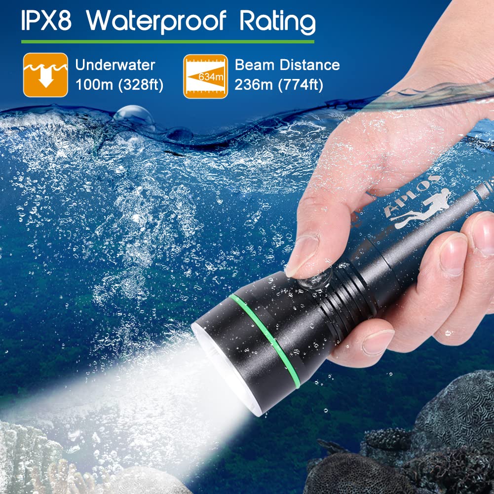 APLOS AP30 Diving Flashlight - 3000lm, IPX8 Waterproof, Aluminum, Black