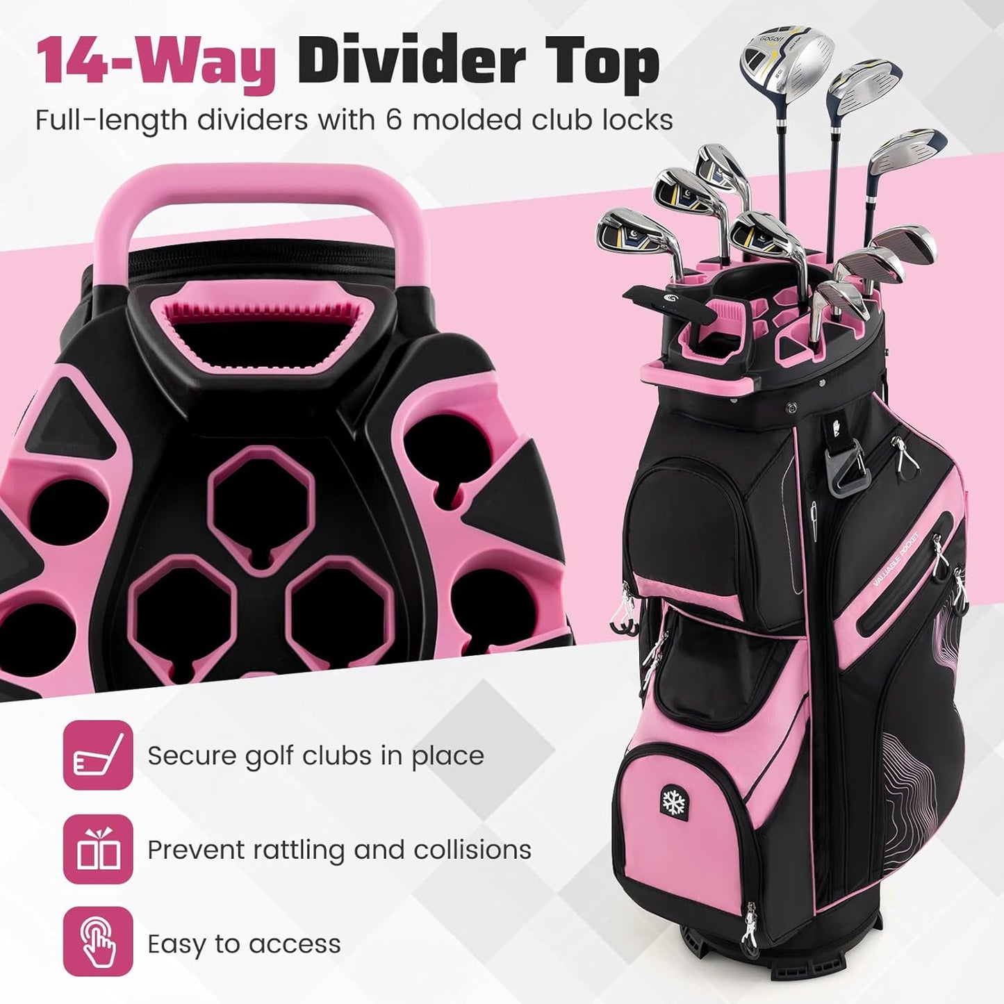 Tangkula Golf Cart Bag with 14-Way Full Length Dividers, 6 Molded Lock Top Golf Club Bag with 11 Pockets, Cooler Bag, Padded Strap, Handles, Umbrella Holder & Rain Hood