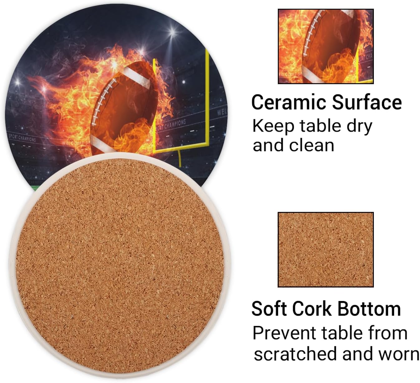 Ceramic Coasters for Drinks with Cork Back,Clean Soccer Display (2) 4 Inch Absorbent Coaster Set 4 Pack, Quick Dry Non-Slip Coaster Mats for Home, Office, Bar