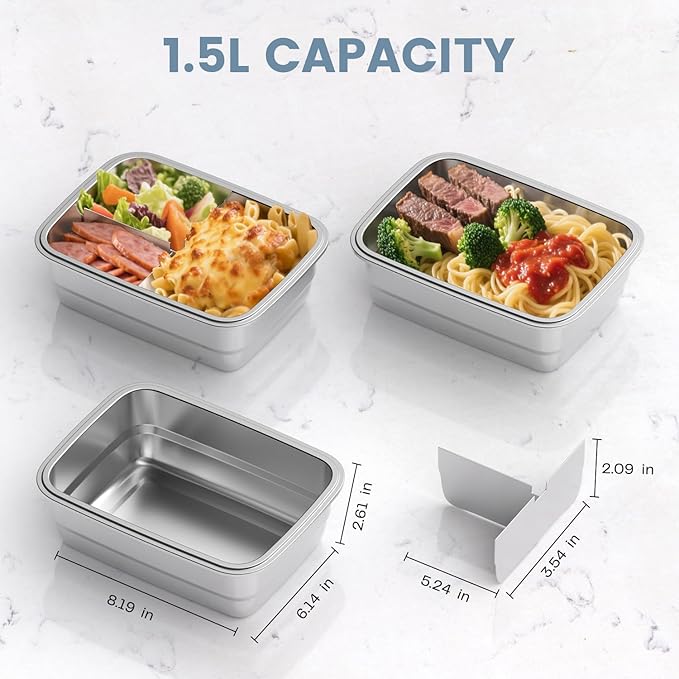 Electric Lunch Box For Adults - Rechargeable 75W Self-Heating Food Warmer with 1.5L Stainless Steel Container, Heated Lunch Box For Office, Picnic, Car & Outdoor Use(Silver)