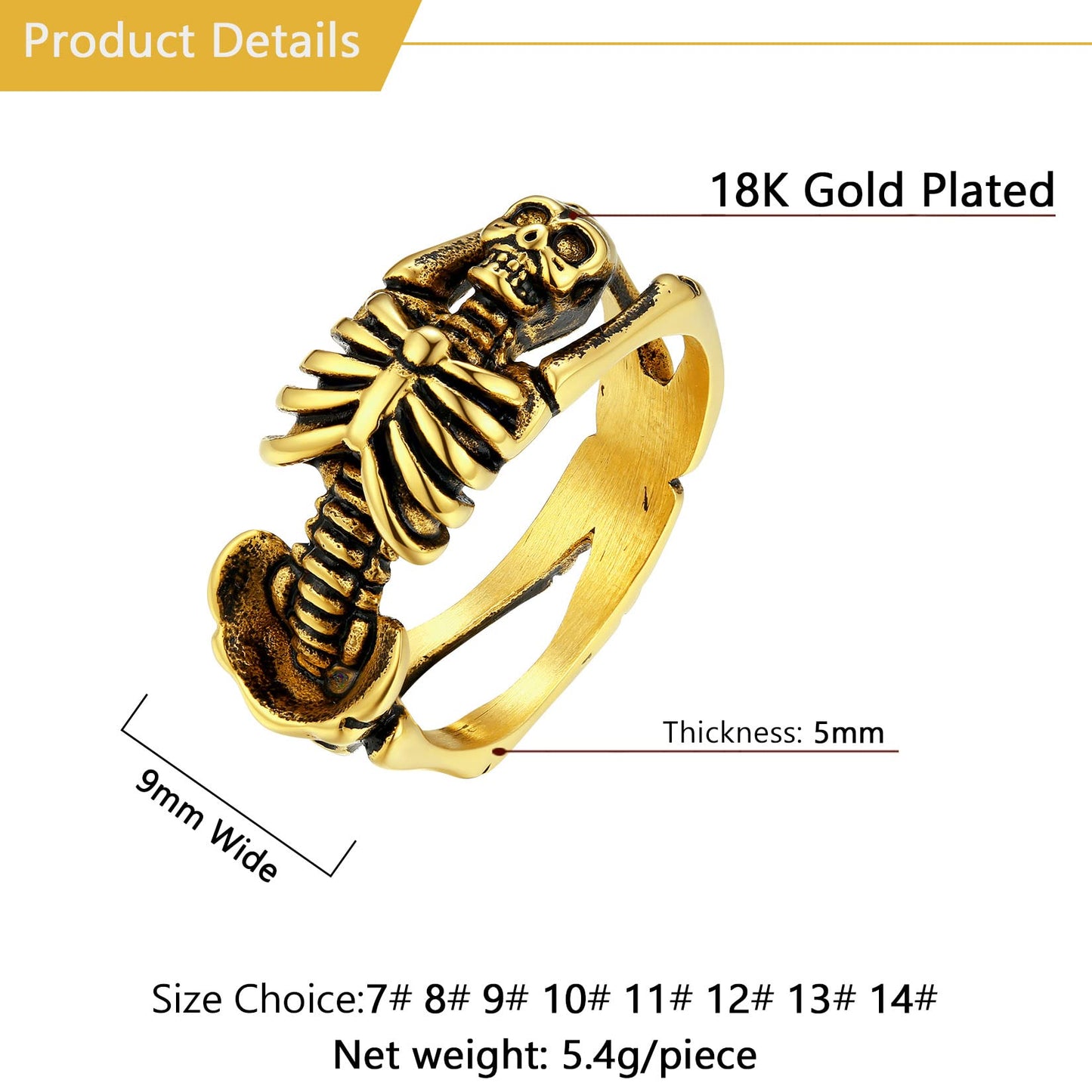 U7 Skeleton Rings 18k Gold Plated Halloween Costume Jewelry Gothic Punk Skull Ring Biker Size 12