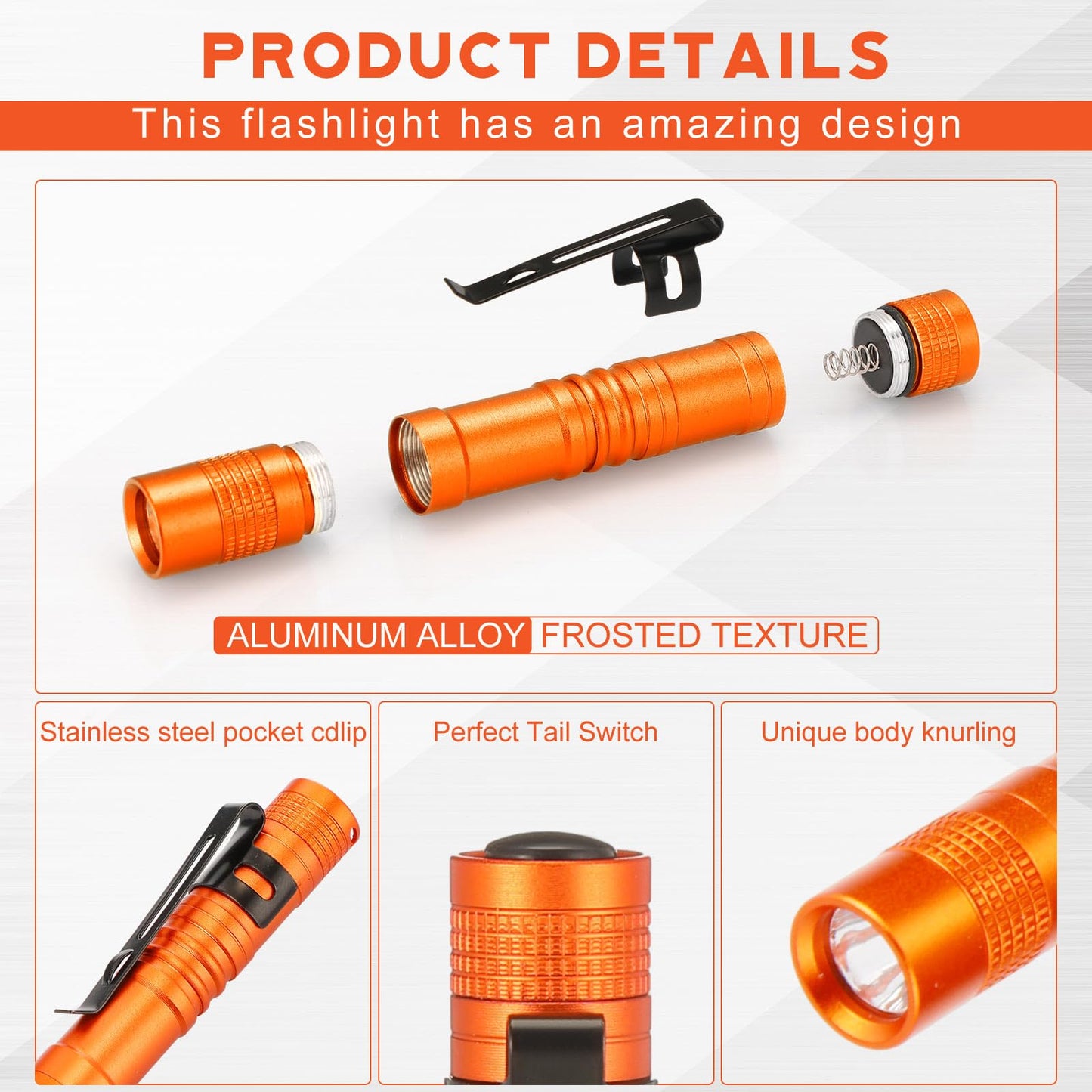 Hortsun Mini Pen Light Flashlights, 3.54 Inch, Aluminum, Orange, 20 Pcs, Pocket Size, Clip-On Design