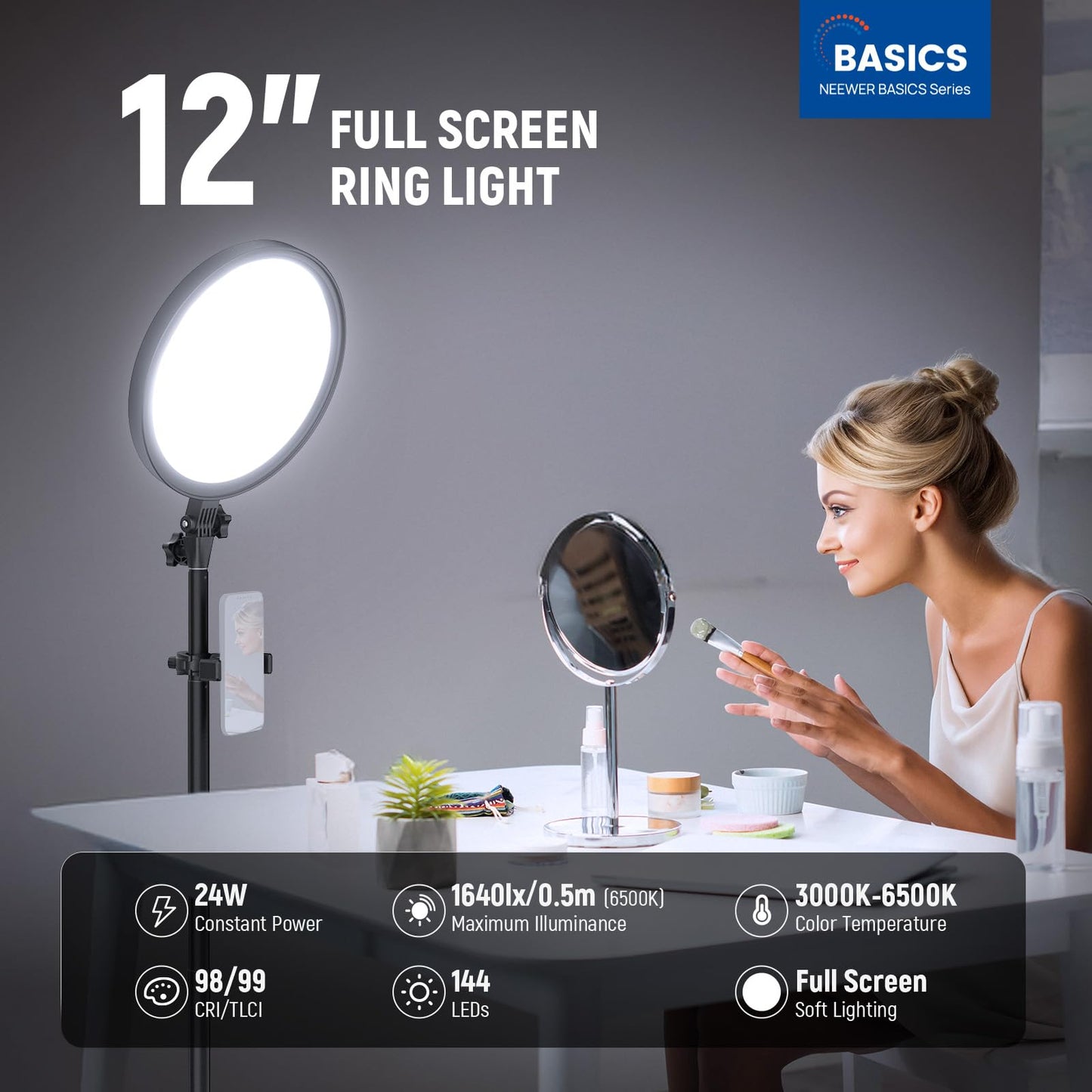 Neewer Basics 12 24W Large Ring Light With 68 Stand/Phone Holder/Remote For Iphone Video Recording Selfie Streaming Makeup Studi