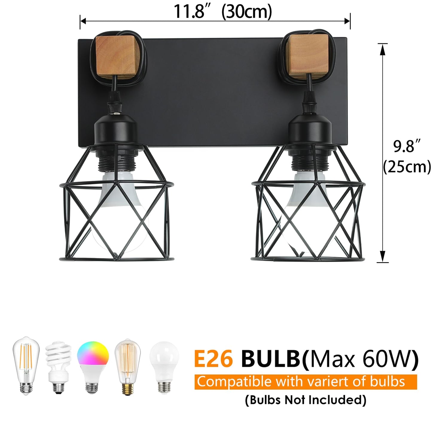 Farmhouse Vanity Light Fixture 2-Light Bathroom Lighting Black Industrial Wood Wall Light Over Mirror With Metal Shade