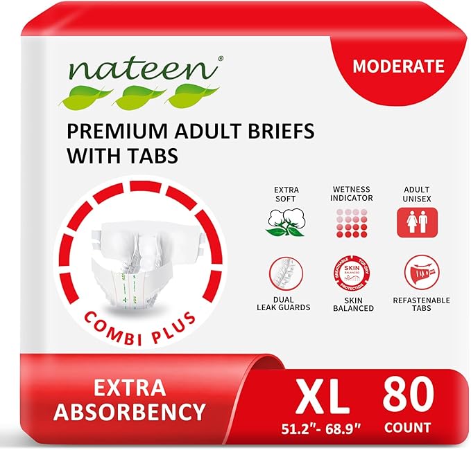 Nateen Combi Plus Adult Diapers with Tabs for Women and Men, Extra Absorbency Disposable Incontinence Briefs, Leakproof and Skin-Friendly Incontinence Underwear.Extra-Large, 80Count
