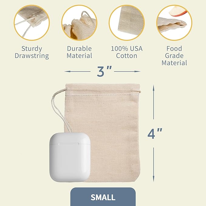 Celestial Gifts Muslin Bags - Drawstring - Small 50pcs - 3x4, Reusable Tea Bags, Jewelry Gift, Spice and Cotton Gift Sachet - 100% Cotton - Made in USA - (Natural Hem & Drawstring)