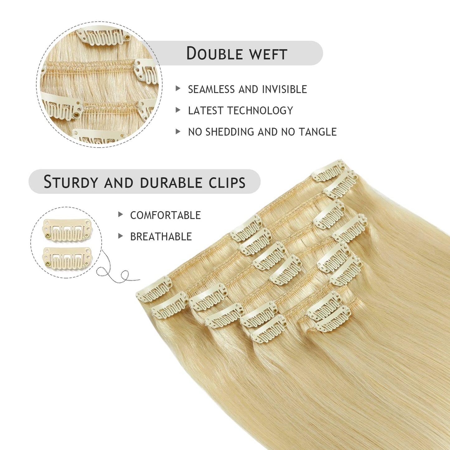 YILITE Clip-in Hair Extensions - Real Human Hair, Bleach Blonde, 110Gram, 8Pcs, 18 Clip, Full Head, Double Weft, Invisible, Stra