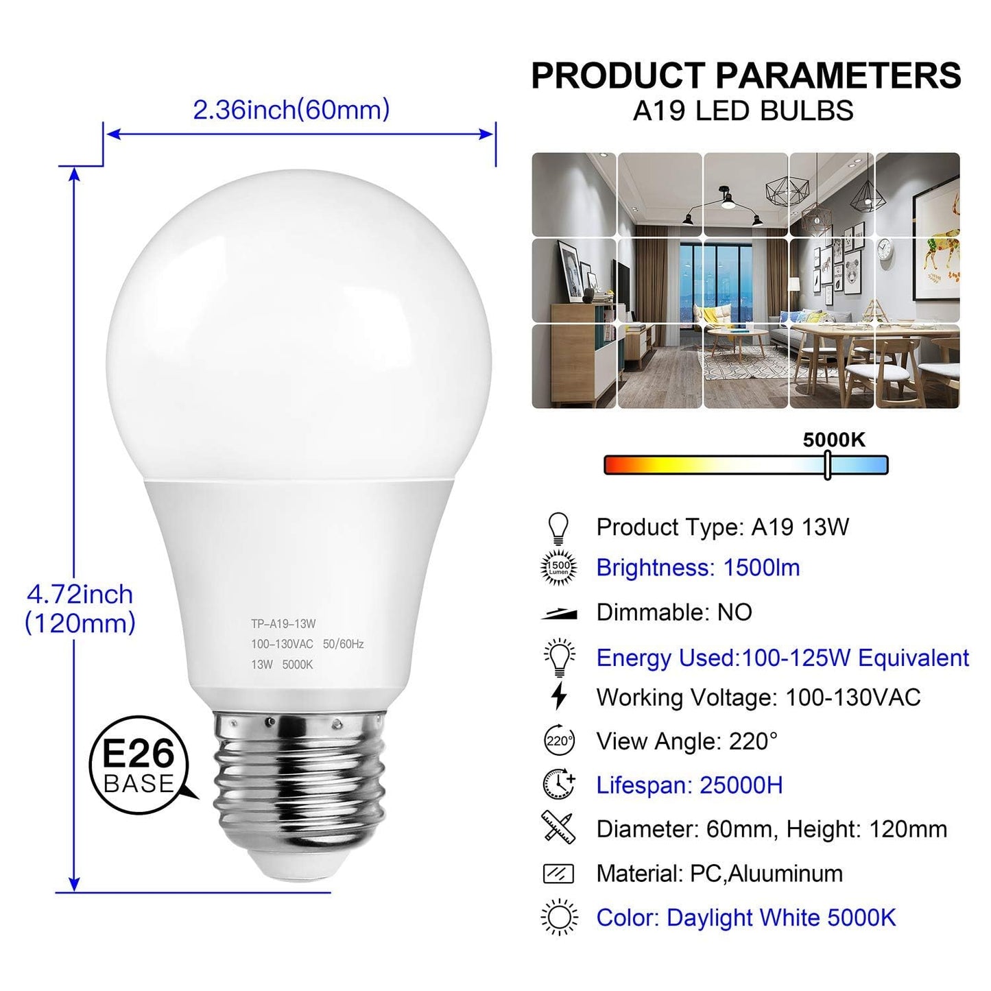 Maxvolador A19 Led Light Bulbs, 1500Lm, 100-125W Equivalent, 5000K Daylight White, 13W, E26 Base, Non-Dimm