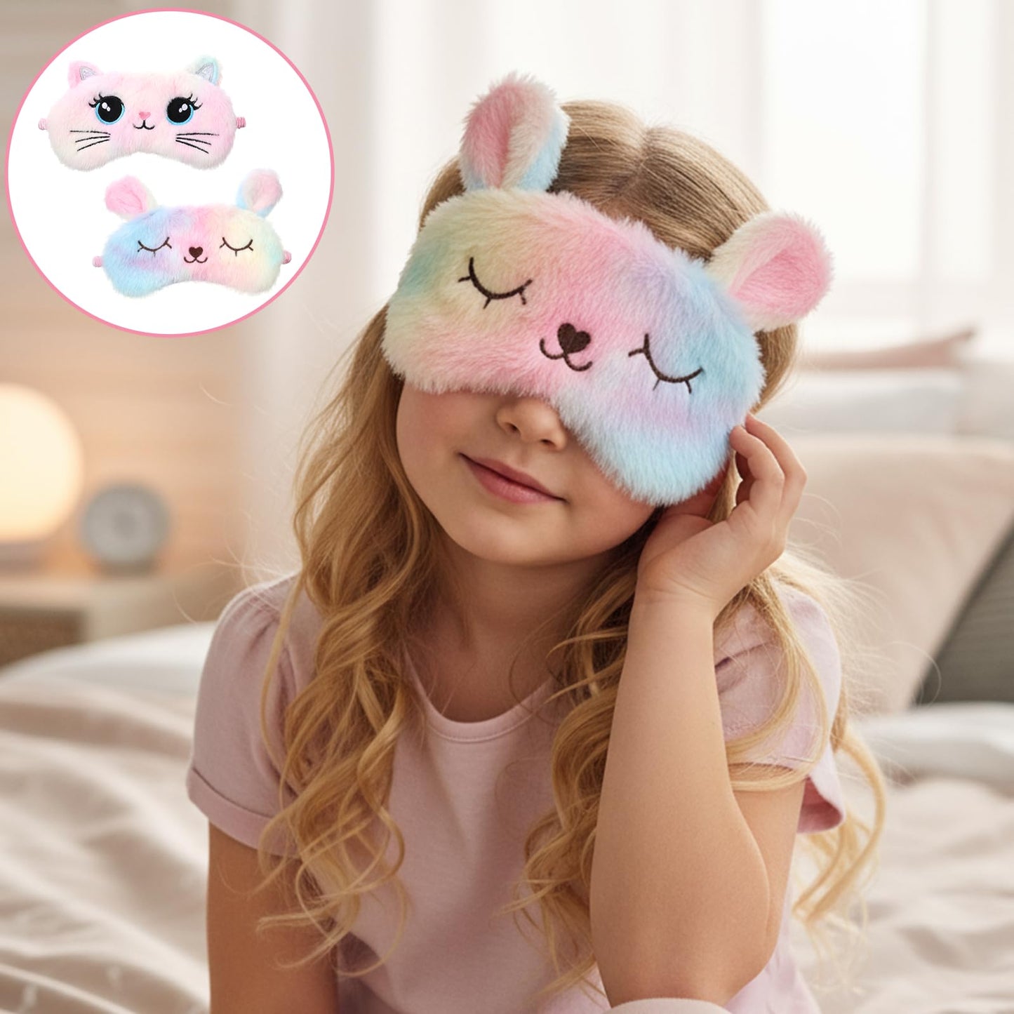 Plush Sleep Mask, 2 Pcs Cute Soft Sleeping Eye Mask Colorful Plush Eye Covers for Sleeping Comfortable Funny Animal Night Sleep Masks for Women Home Travel Sleepover Party (Cat, Rabbit)
