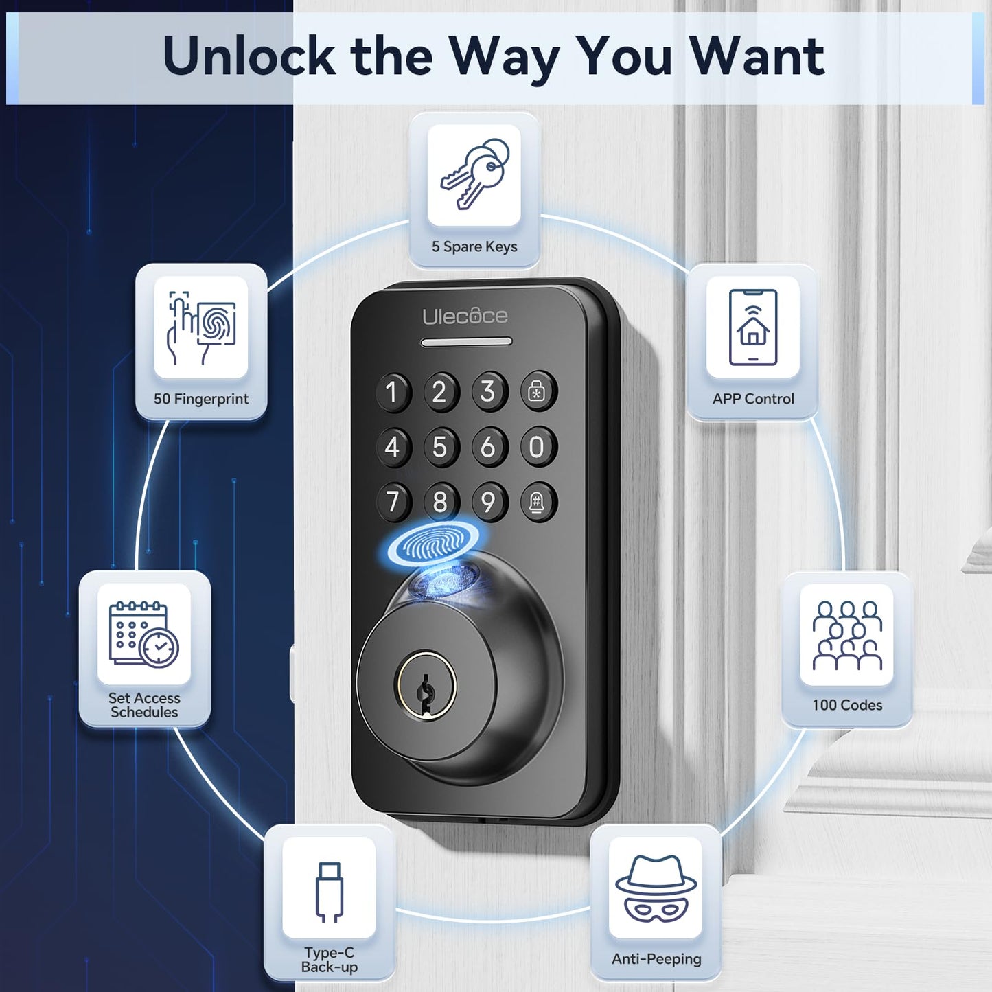Ulecoce Fingerprint Keypad Deadbolt with Handle Set, Keyless Entry Door Lock, Door Locks for Front Door Lock Set, App Control, Auto Locking, Easy to Install, Matte Black