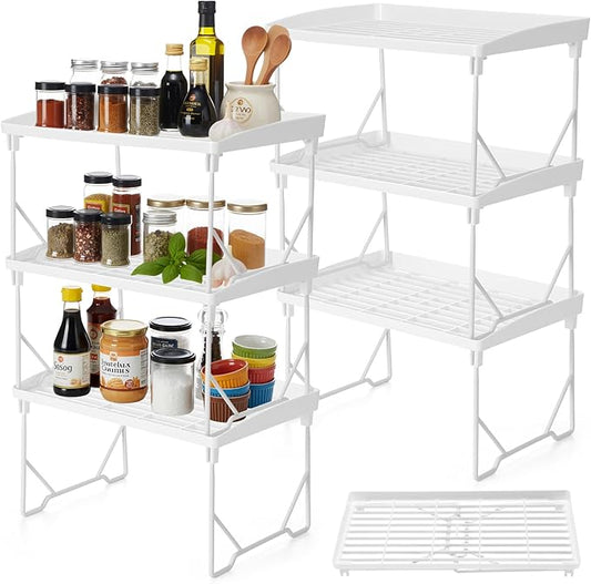 6 Pack Stackable Plastic Kitchen Storage Shelf Foldable Racks, Pantry Shelf Cabinet Organizers, Expandable Storage Rack for Cabinet Fridge Bathroom (12.4 X 7.6 x 6.3,White)