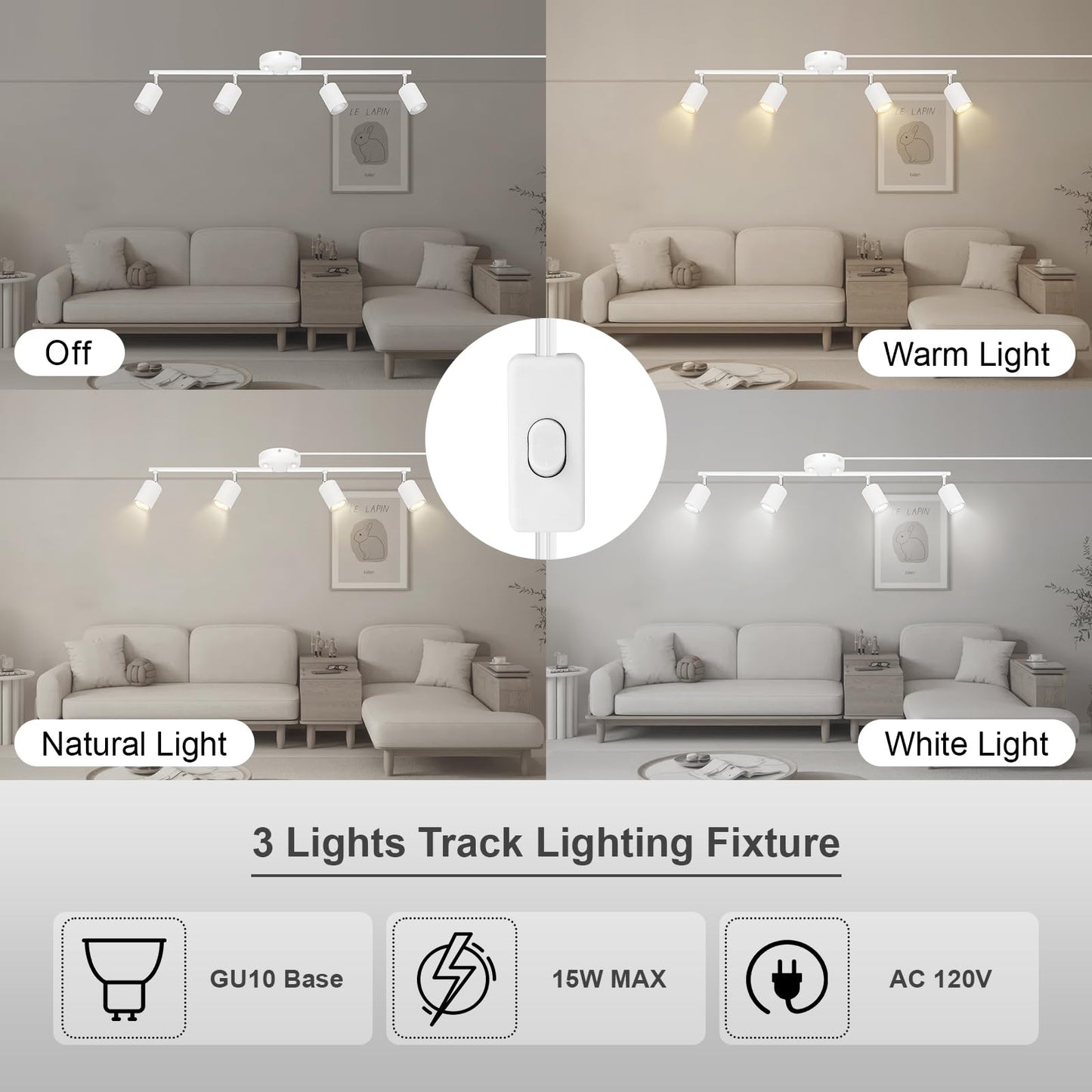 Track Lighting Plug In  Led Track Lighting Fixtures Ceiling Kit  White 4-Light Ceiling Light Plug-In  Wall Light With 14.8Ft Power Cord  Rotatable Kitchen Spotlight For Bedroom(Gu10 Socket  No Bulb)