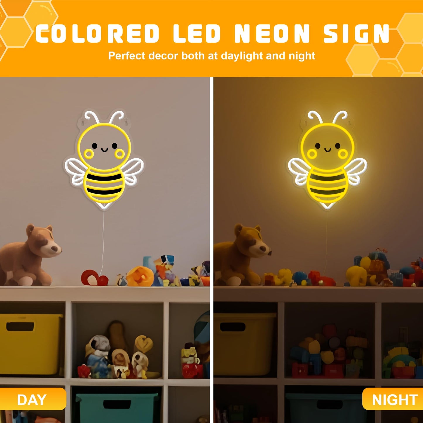 Bee Neon Sign Wall Art  Honey Bee Decor For Bedroom Living Room Office Patio Garden Stores  Usb-Powered Energy-Saving Light With Hanging Kit  Gifts For Kids Women Beekeeper
