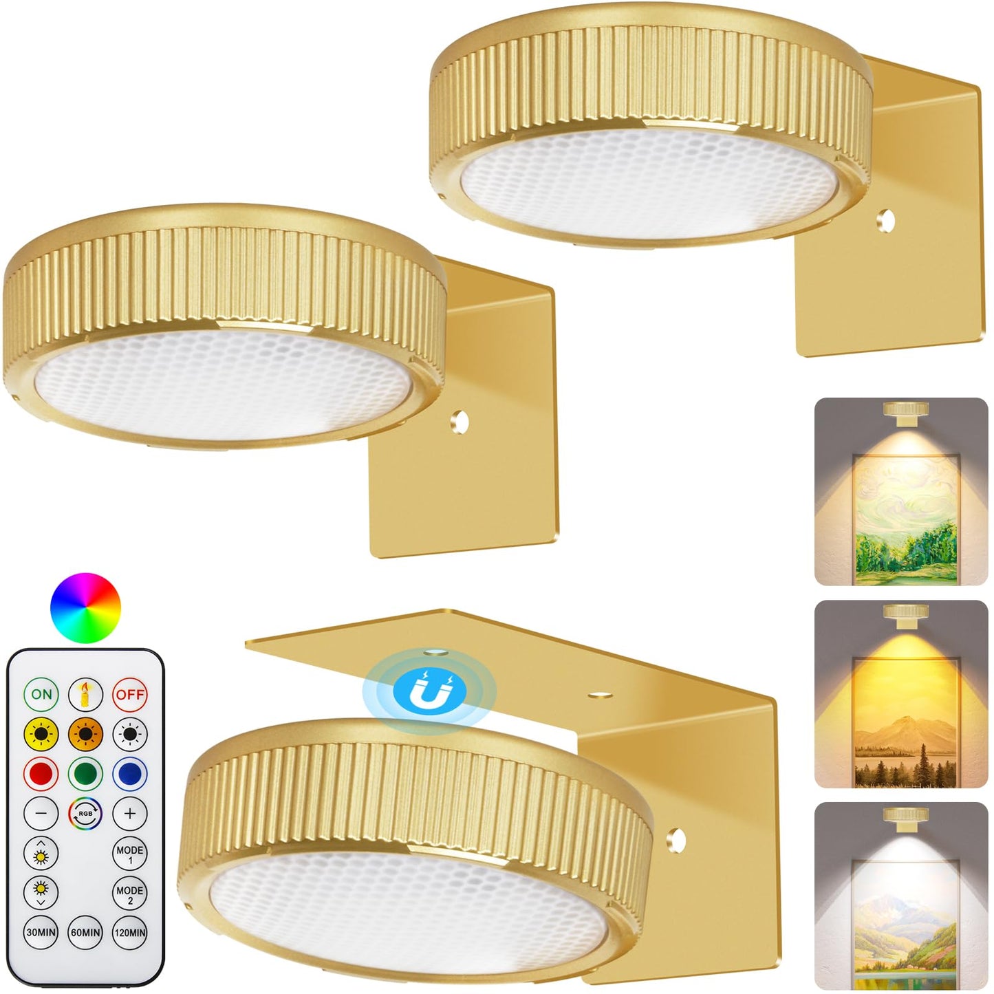 SIXDEFLY RGB Magnetic Suction Spotlight - Battery-Powered, Wireless, Remote Control - 3 Pack Gold