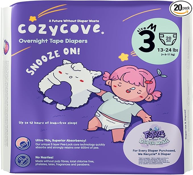 Cozycove Size 3 Diapers, Snooze On Slim Overnight Tape Diapers, Size 3 (13-24 lbs), 1 Pack of 20 Count