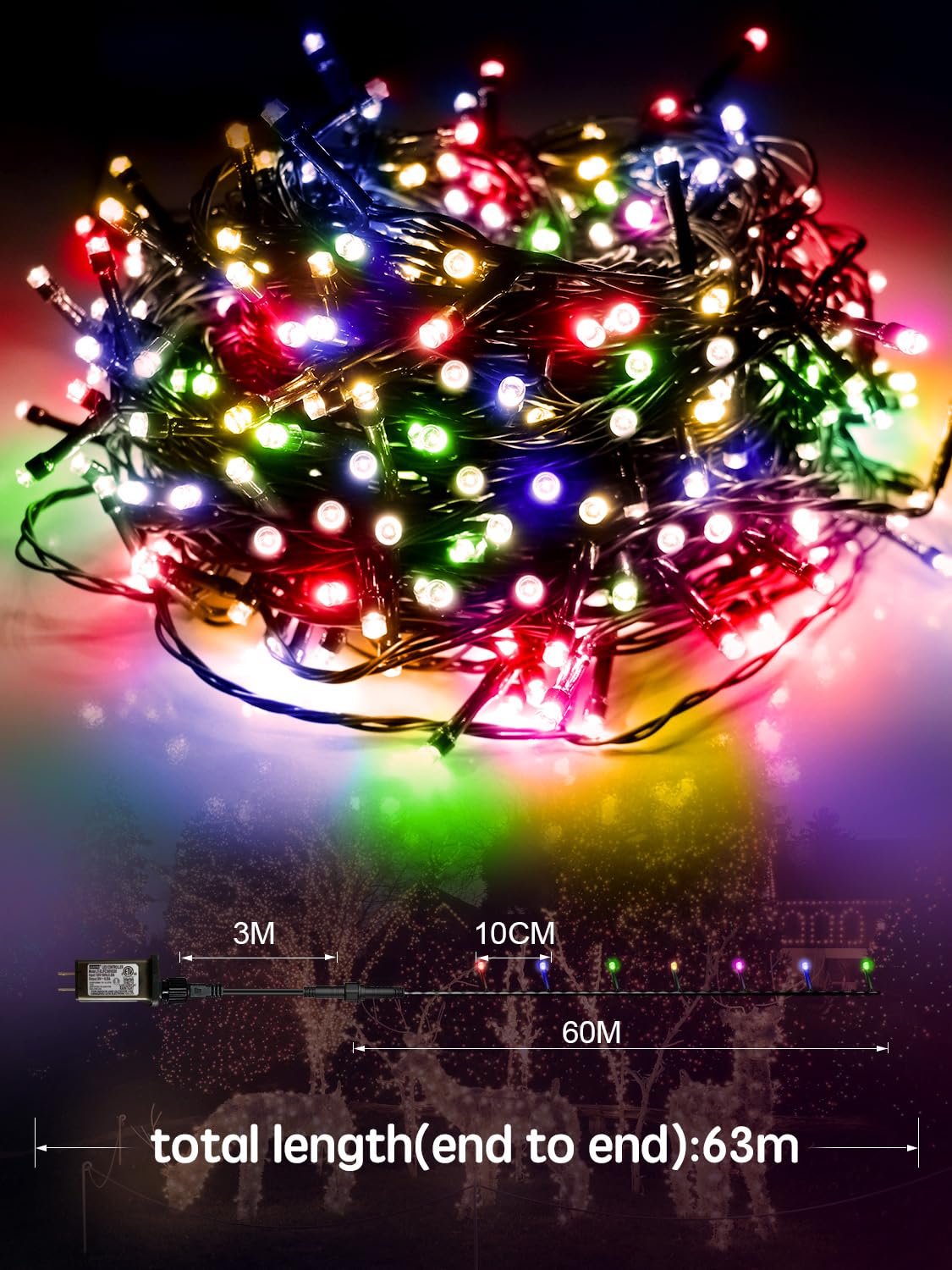 Acan 213Ft Christmas Lights Multicolor  600 Led String Lights Outdoor With Remote Control  8 Modes Fairy Light Plug In Outside Waterproof For Patio Bedroom Holiday Party Christmas Tree Wedding Garden