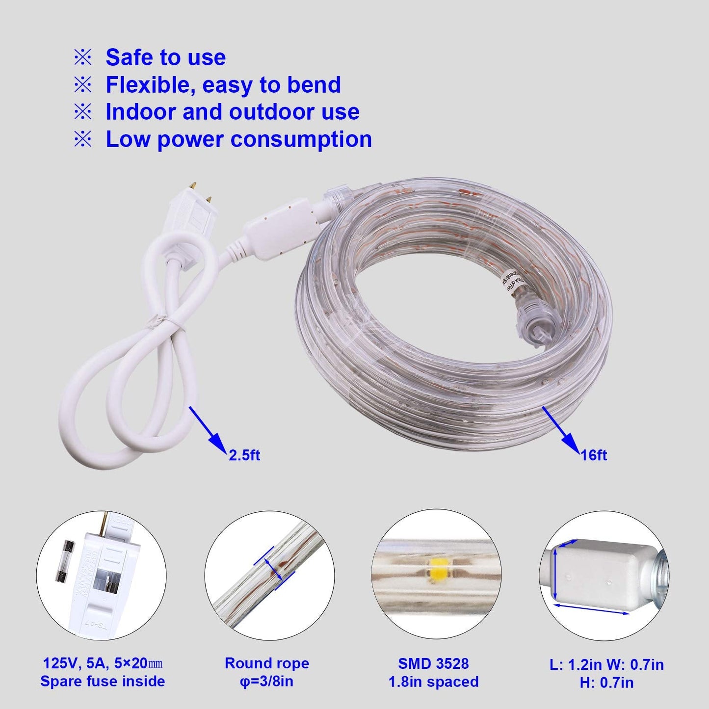 Areful Blue Led Rope Lights, 16Ft Flexible Strip, Waterproof Pvc, High Brightness 3528 Leds, Model Led-Mlf-2W-16Ft-Ex-B-1.