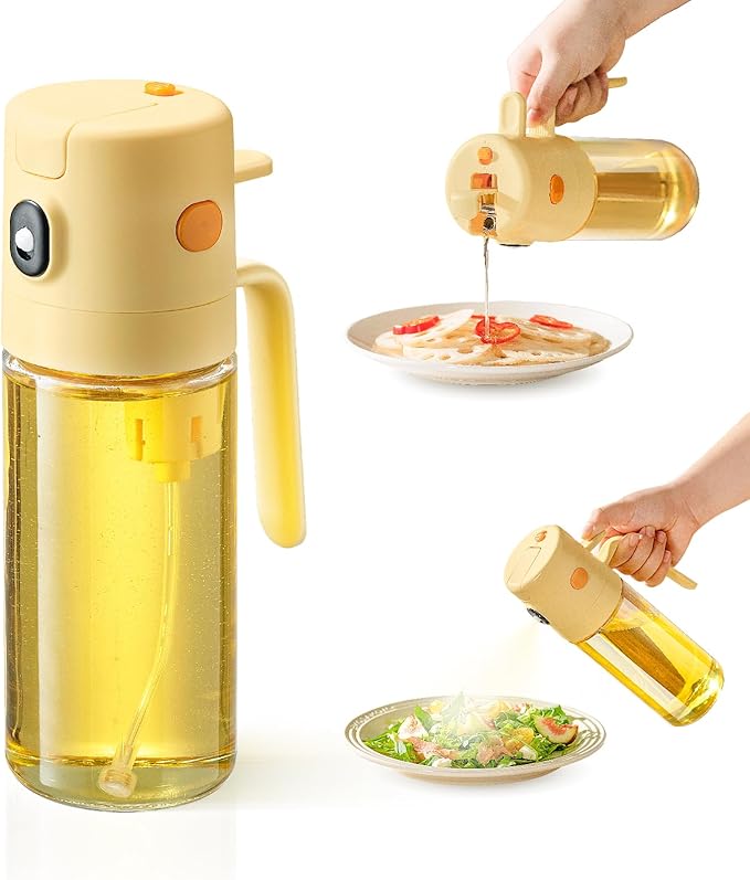 katbite 2 in 1 Oil Sprayer & Pour for Cooking, 18.6 oz(550ml) Glass Olive Oil Dispenser Bottle, One-Touch Open Lid, Non-Drip Leak-Proof Design, Fine Mist(0.5g/Spray) for Air Fryer, Salad, Yellow