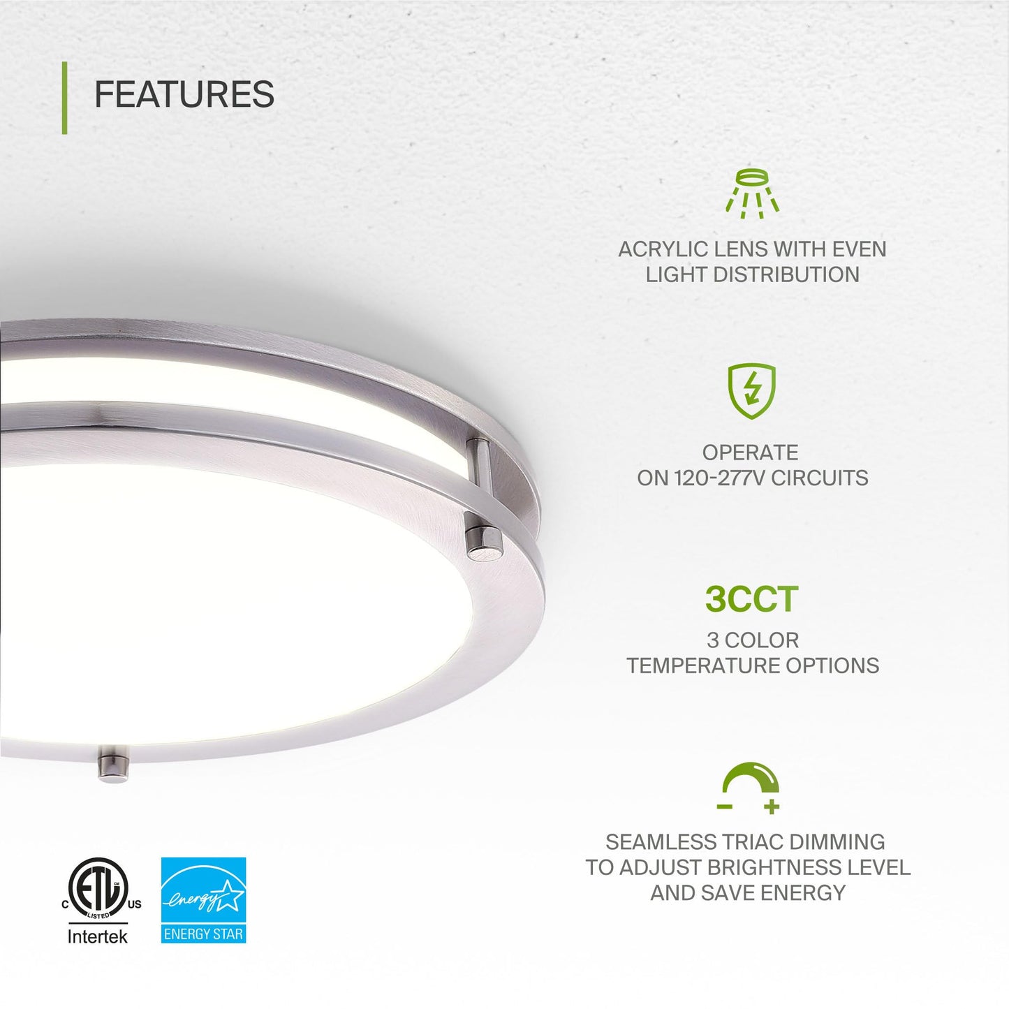 Asd Led 18 Inch Round Flush Mount Light Fixture | 28W 2750Lm 3000K-5000K 100-277V | 3Cct  Dimmable  Energy Star  Etl Listed | Close To Ceiling Double Ring Lamp  Low Profile Lighting | Nickel