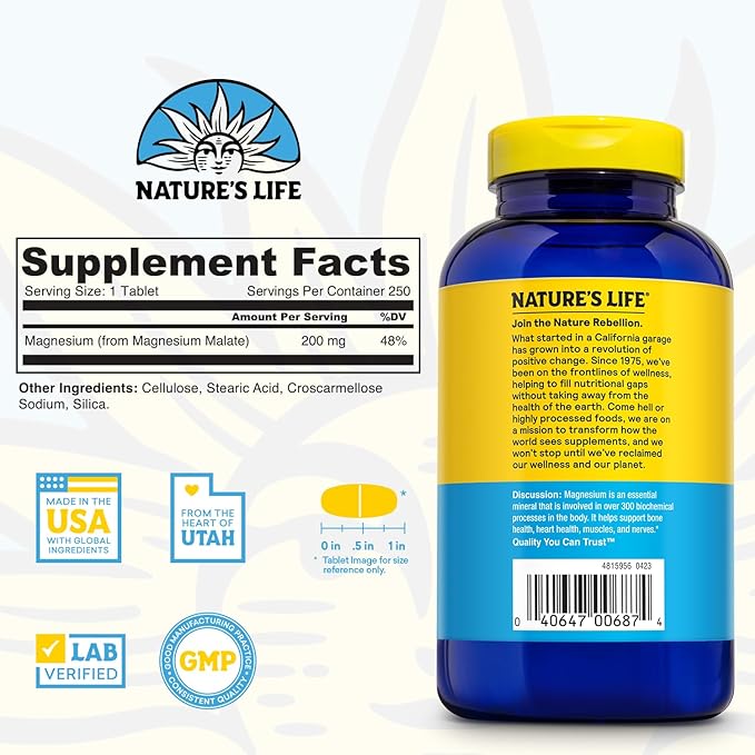 Nature's Life Renewing Magnesium Malate 200 mg - One Per Day - Muscle, Heart, Nerve Health, and Bone Support - Maximum Absorption - Lab Verified - 60-Day Guarantee - 250 Servings, 250 Tablets