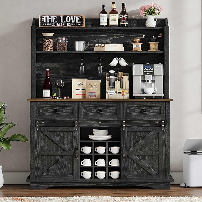 63 Inch Tall Coffee Bar Cabinet with 3-Tier, Kitchen Hutch with 3 Large Drawers, Farmhouse Coffee Bar with 9 Wine Racks & 3 Glass Holders, Wine Storage Cabinet for Living Dining Room, Black