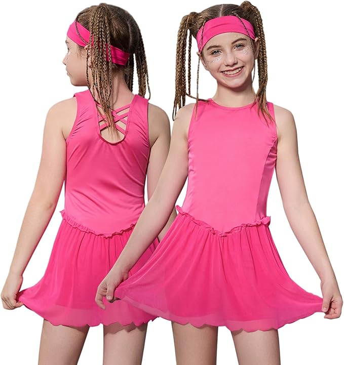 Perfashion Girls Tennis Dress Athletic Golf Outfit Ballet Cross-Back& Mesh Scalloped Hem with Built-in Shorts 4-13Y