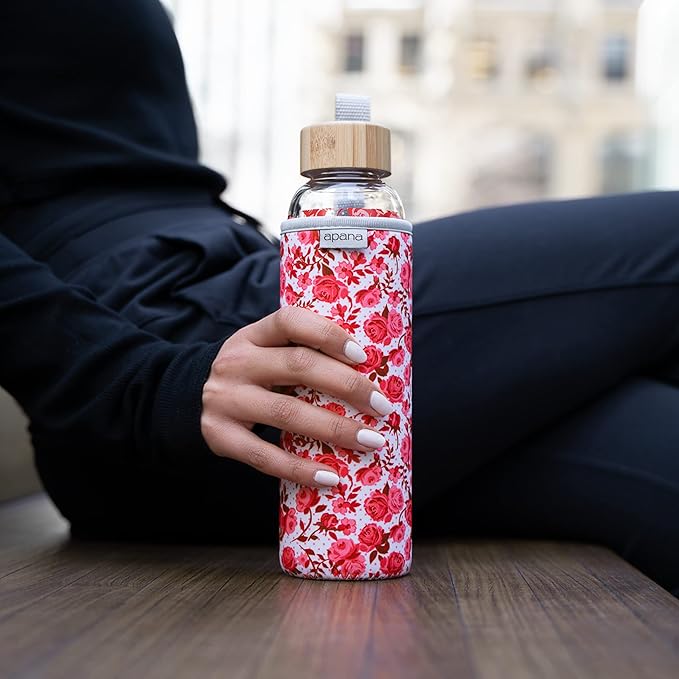 Apana Yoga Glass Water Bottles BPA Free Non Slip Sleeve Leak Proof Lid Reusable 19 Oz and 32 Oz Sports Water Bottle Wide Mouth Lid Portable Hydration Tumbler