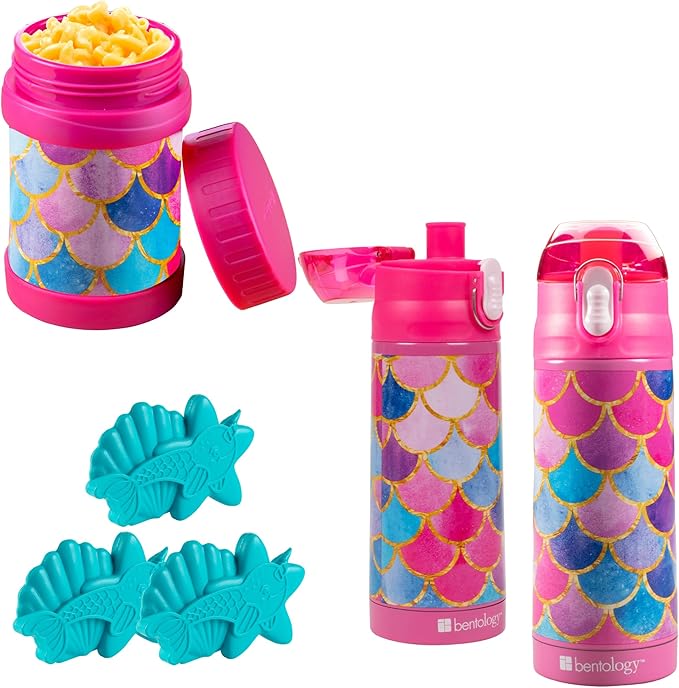 Bentology Kids Lunch Set – Narwhal Ice Packs (3PK), Mermaid 13oz Insulated Water Bottle & Food Jar – BPA-Free, Leak-Proof, Reusable – Keeps Food & Drinks Hot/Cold – Fits Lunch Bags & Boxes